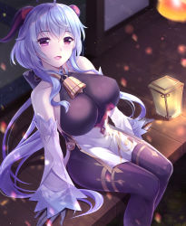  1girl bare_shoulders bell black_gloves black_legwear blue_hair blush breasts detached_sleeves ganyu_(genshin_impact) genshin_impact gloves gold_trim highres horns lantern large_breasts legs_together long_hair looking_at_viewer neck_bell open_mouth paper_lantern pelvic_curtain purple_eyes sideboob sidelocks sitting smile solo thighlet thighs tsukimi_kirara white_sleeves 