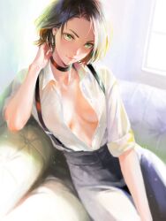  1girl black_pants breasts choker cleavage collared_shirt couch green_eyes hand_in_own_hair highres leaning_to_the_side looking_at_viewer medium_breasts nababa open_clothes open_shirt original pants shirt short_hair sitting sleeves_rolled_up solo suspenders unbuttoned unbuttoned_shirt white_shirt 