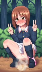  1girl blush brown_hair censored cleft_of_venus double_v girls_und_panzer gunshou highres looking_at_viewer nishizumi_miho outdoors panties_around_leg peeing puddle pussy school_uniform smile solo squatting steam v 