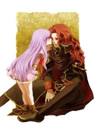  1boy 1girl arvis_(fire_emblem) father_and_daughter fire_emblem fire_emblem:_genealogy_of_the_holy_war julia_(fire_emblem) kiss kissing_nose nintendo purple_hair red_hair smile uncle_and_niece  rating:Sensitive score:12 user:FirstAnon