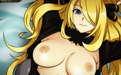 00s 1girl bed blonde_hair blue_eyes breasts breasts_apart creatures_(company) cynthia_(pokemon) female_focus game_freak hair_ornament hair_over_one_eye large_breasts long_hair lying michael_f91 nintendo nipples no_bra open_clothes pokemon pokemon_dppt smile solo topless_frame wallpaper rating:Explicit score:89 user:danbooru