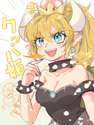  1girl :d absurdres ahoge armlet bare_shoulders black_coat black_dress black_nails blonde_hair blue_eyes bowser bowsette bracelet breasts breath_weapon breathing_fire character_name cleavage coat collar collarbone crown dress earrings fingernails fire hand_up highres horns jewelry kuroyishi_raiko looking_ahead mario_(series) medium_hair new_super_mario_bros._u_deluxe nintendo notice_lines open_mouth pointy_ears ponytail sharp_fingernails sharp_teeth simple_background smile solo spiked_armlet spiked_bracelet spiked_collar spikes strapless strapless_dress teeth thick_eyebrows upper_body white_background 