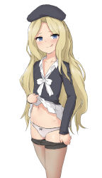 1girl :q absurdres bad_id bad_pixiv_id beret black_hat black_pantyhose black_shirt blonde_hair blue_eyes blush bow bow_panties clothes_lift clothes_pull collarbone collared_shirt commentary_request flat_chest frenda_seivelun grey_panties groin half-closed_eyes hat highres legs_together lifting_own_clothes long_hair long_sleeves looking_at_viewer naughty_face navel panties panty_flash pantyhose pantyhose_pull parted_bangs pleated_skirt school_uniform shirt simple_background skirt skirt_lift smile solo standing stomach toaru_kagaku_no_railgun toaru_majutsu_no_index tongue tongue_out underwear very_long_hair wavy_hair white_background white_bow white_shirt white_skirt yakihebi rating:Questionable score:102 user:danbooru