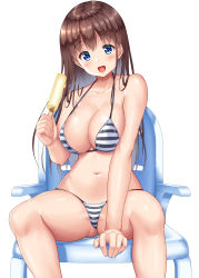  1girl :d absurdres bare_arms bare_legs bare_shoulders between_legs bikini black_bikini blue_eyes blush breasts brown_hair chair cleavage collarbone commentary_request feet_out_of_frame food halterneck hand_between_legs hand_up highres holding holding_food large_breasts long_hair looking_at_viewer navel open_mouth original popsicle simple_background sitting smile solo stomach striped_bikini striped_clothes swimsuit uehiro white_background white_bikini  rating:Sensitive score:36 user:danbooru