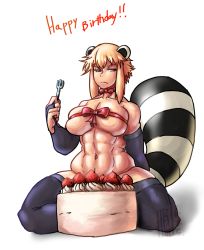 1girl abs animal_ears araiguma-san black_gloves black_thighhighs blonde_hair borrowed_character bottomless breasts bridal_gauntlets cake choker cleavage elbow_gloves female_focus food fork fruit gloves happy_birthday highres jitome large_breasts moroon muffin_top muscular muscular_female naked_ribbon navel original raccoon_ears raccoon_tail red_eyes ribbon ribbon_choker short_hair sidelocks sitting skindentation solo strawberry tail thick_thighs thighhighs thighs underboob wariza white_background rating:Questionable score:25 user:danbooru