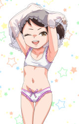  1girl arms_up becky_blackbell bra breasts brown_hair cjhomics cowboy_shot hair_ornament hair_scrunchie highres loli navel one_eye_closed open_mouth panties scrunchie short_hair short_twintails small_breasts smile solo spy_x_family standing star_(symbol) star_print teeth thigh_gap twintails underwear undressing upper_teeth_only white_background white_bra white_panties 