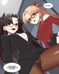  2girls absurdres bare_shoulders black_hair blonde_hair blush bow breasts earrings ereshkigal_(fate) fate/grand_order fate_(series) glasses hair_bow hair_ribbon highres hoop_earrings hyperbudd ishtar_(fate) jacket jewelry long_hair long_sleeves looking_at_viewer medium_breasts multiple_girls off_shoulder office_lady open_mouth pantyhose parted_bangs red_eyes ribbon skirt smile speech_bubble translation_request two_side_up 