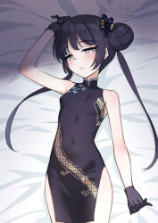  1girl black_dress black_gloves black_hair blue_archive breasts butterfly_hair_ornament china_dress chinese_clothes double_bun dragon_print dress gloves grey_eyes h_kasei hair_bun hair_ornament highres kisaki_(blue_archive) long_hair looking_at_viewer lying on_back pelvic_curtain sleeveless sleeveless_dress small_breasts solo 