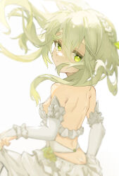  1girl absurdres ass bare_back blurry blurry_edges braid breasts bridal_gauntlets butt_crack closed_mouth dimples_of_venus dress eyelashes floating_hair flower from_behind genshin_impact green_eyes green_flower green_rose highres light looking_at_viewer nahida_(genshin_impact) o-ring pointy_ears rose side_braid side_ponytail sidelocks simple_background single_braid small_breasts strapless strapless_dress symbol-shaped_pupils wedding_dress white_background white_bridal_gauntlets white_dress white_hair wind 
