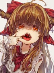 1girl ahoge bad_id bad_pixiv_id bare_shoulders beige_background bow bowtie brown_hair chained_wrists commentary_request cuffs fangs finger_in_own_mouth frilled_sleeves frills hair_bow hand_up horns ibuki_suika long_hair looking_at_viewer mouth_pull oni oni_horns open_mouth orange_eyes peipei red_bow red_bowtie saliva shackles shirt simple_background sleeveless sleeveless_shirt slit_pupils solo tongue touhou upper_body uvula white_shirt wrist_cuffs rating:Sensitive score:42 user:danbooru