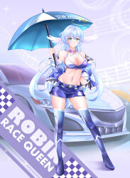  1girl absurdres alternate_costume bare_shoulders blue_footwear blue_hair blue_umbrella boots breasts character_name choker cleavage commentary_request copyright_name crop_top green_eyes halo head_wings highres holding holding_umbrella honkai:_star_rail honkai_(series) large_breasts long_hair looking_at_viewer midriff miniskirt navel off_shoulder pencil_skirt purple_choker purple_skirt robin_(honkai:_star_rail) sefilom skirt smile solo spaghetti_strap stomach thigh_boots thighhighs umbrella very_long_hair wings zettai_ryouiki 