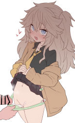 1boy 1girl bar_censor black_shirt blue_eyes brown_cardigan cardigan censored clothes_lift collared_shirt cum cum_in_clothes cum_in_panties cum_on_clothes cum_wearing erection fang green_panties gyaru heart highres kasukabe_tsumugi lifting_own_clothes light_brown_hair loli long_hair miniskirt mole mole_under_eye navel necktie off_shoulder one_side_up open_cardigan open_clothes open_mouth panties panty_pull penis petite plaid plaid_skirt pulling_another&#039;s_clothes pussy shirt simple_background skirt skirt_lift smile solo_focus sumiyao_(amam) underwear voicevox white_background yellow_necktie rating:Explicit score:596 user:danbooru