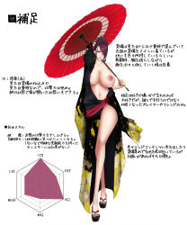 1girl baru_(val-val) breasts cleavage full_body hair_over_one_eye highres huge_breasts japanese_clothes kimono long_legs looking_at_viewer mole mole_on_breast nail_polish nipples one_breast_out original peliazulyp purple_eyes purple_hair simple_background solo translation_request umbrella rating:Questionable score:53 user:deltaonix