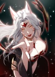  1girl absurdres ahri_(league_of_legends) animal_ears breasts cowboy_shot detached_sleeves facial_mark fingernails forehead_jewel fox_ears highres immortalized_legend_ahri large_breasts league_of_legends leaning_forward lipstick long_hair looking_at_viewer makeup official_alternate_costume official_alternate_hairstyle parted_lips pointing pointing_at_viewer red_lips sidelocks smile solo whisker_markings white_hair wide_sleeves y_h_psd yellow_eyes 