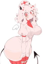  1girl blush breasts curvy demon demon_girl demon_horns demon_tail female_focus hat heart heart-shaped_pupils helltaker highres horns large_breasts looking_at_viewer modeus_(helltaker) nurse nurse_cap red_eyes red_sweater red_thighhighs sidelocks simple_background sweater symbol-shaped_pupils tail thick_thighs thighhighs thighs usa37107692 white_background white_hair wide_hips wings  rating:Questionable score:41 user:Berenjena
