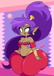1girl arms_at_sides ass big_hair blue_eyes bracelet breasts cleavage dancer dark_skin earrings eyelashes eyeshadow fawndue_(heyfawdue) highres huge_ass jewelry long_hair makeup medium_breasts midriff navel open_mouth pants pixel_art pointy_ears ponytail purple_hair shantae shantae_(series) simple_background smile standing thick_thighs thighs very_long_hair wide_hips