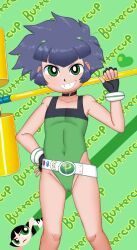  1girl arm_up belt black_choker black_gloves black_hair black_one-piece_swimsuit buttercup_(ppg) choker cleft_of_venus collarbone covered_erect_nipples covered_navel eyebrows feet_out_of_frame female_focus fingerless_gloves flat_chest gloves green_background green_eyes green_one-piece_swimsuit grin hand_on_own_hip hoshime loli looking_at_viewer matsubara_kaoru one-piece_swimsuit powered_buttercup powerpuff_girls powerpuff_girls_z short_hair simple_background smile solo standing swimsuit teeth tomboy two-tone_one-piece_swimsuit white_belt  rating:Questionable score:5 user:Only_Kemonomimi