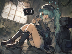 1girl battery_indicator black_bag black_footwear black_socks black_sweater blue_archive cabbie_hat cellphone commentary_request full_body hair_over_one_eye hat highres hiyori_(blue_archive) holding holding_phone indoors knees_up light_green_hair long_hair long_sleeves on_floor open_mouth phone scarf sitting smartphone socks solo sweatdrop sweater tearing_up thigh_strap weapon_case white_scarf wide_ponytail window yanyan_(shinken_gomi) rating:Sensitive score:17 user:danbooru
