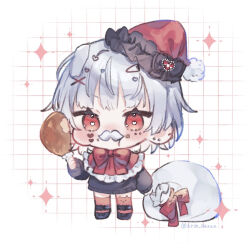  1girl animal_ear_legwear black_bow black_footwear black_sweater blush boned_meat bow chibi commentary_request facial_hair food full_body hair_ornament hairclip hand_up hat heart heart-shaped_pupils highres holding holding_food indie_virtual_youtuber kuromu_(96-94) looking_at_viewer meat mustache no_pants red_bow red_eyes red_thighhighs sabita_hagane sack santa_hat solo sweater symbol-shaped_pupils thighhighs virtual_youtuber x_hair_ornament 