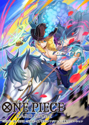  1boy animal bashikou blonde_hair blue_eyes cavendish coat coat_on_shoulders commentary_request copyright_name drill_hair farul frilled_sleeves frills glint hair_between_eyes hat hat_feather highres holding holding_sword holding_weapon horse horseback_riding light_smile long_hair looking_to_the_side multicolored_background official_art one_piece petals red_petals riding shirt sword weapon white_shirt 