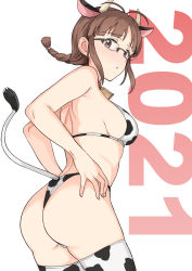  1girl 2021 :o akizuki_ritsuko animal_ears animal_print antenna_hair ass bare_arms bare_shoulders bell bikini black-framed_eyewear blunt_bangs blush braid breasts brown_eyes brown_hair collar commentary_request cow_ears cow_girl cow_horns cow_print cow_tail cowbell cowboy_shot fingernails from_side glasses hands_on_own_hips highres horns idolmaster idolmaster_(classic) looking_at_viewer looking_to_the_side medium_breasts neck_bell parted_lips print_bikini print_thighhighs rimless_eyewear short_hair shoulder_blades sideboob sidelocks simple_background single_braid solo standing swimsuit tail thighhighs tsurui white_background  rating:Sensitive score:54 user:danbooru