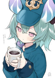  1girl :&lt; blue_headwear blue_jacket blush cabbie_hat capriccio commentary_request cup genshin_impact gloves green_hair hair_between_eyes hat holding holding_cup humanization jacket long_sleeves melusine_(genshin_impact) menthe_(genshin_impact) mug parted_lips pink_eyes signature simple_background solo translation_request triangle_mouth upper_body white_background white_gloves 