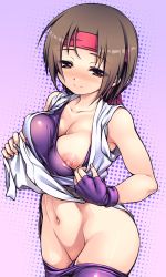 1girl blush braid breasts brown_eyes brown_hair chabo_(fuketsudan) clothes_pull dougi female_focus fingerless_gloves gloves groin half-closed_eyes headband hip_focus large_areolae large_breasts navel nipples no_panties ohgaki_m pants pants_pull pink_background ryuuko_no_ken shirt_pull simple_background smile snk solo split_mouth the_king_of_fighters yuri_sakazaki rating:Questionable score:56 user:danbooru