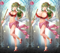  1girl alternate_breast_size breast_expansion breasts fire_emblem fire_emblem_awakening fire_emblem_heroes food fruit green_eyes green_hair highres huge_breasts large_breasts matching_hair/eyes melon multiple_views navel nintendo pointy_ears tagme third-party_edit tiki_(fire_emblem) watermelon  rating:Questionable score:29 user:RIP_SHAKO