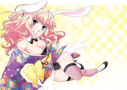  1girl animal_ears blue_eyes breasts cleavage fishnet_pantyhose fishnet_thighhighs fishnets kuroo_(project_apricot) macross macross_frontier medium_breasts pantyhose pink_hair rabbit_ears sheryl_nome solo thighhighs 