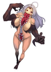  1girl ahoge barefoot black_skin breasts breasts_apart chest_mouth claws colored_extremities colored_skin commentary dutch_angle extra_mouth extra_teeth foreshortening full_body grey_hair hands_up highres horror_(theme) huge_breasts long_hair looking_at_viewer monster_girl multicolored_skin muscular muscular_female no_nipples no_pussy nude open_mouth original red_eyes sharp_teeth simple_background solo standing symbol-only_commentary teeth third_eye two-tone_skin white_background yui_sora  rating:Sensitive score:15 user:danbooru