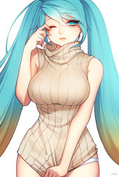 1girl alternate_costume bad_id bad_pixiv_id bare_shoulders blonde_hair blue_hair breasts clothes_tug covering_privates covering_crotch curvy gradient_hair hsn4444 large_breasts league_of_legends long_hair looking_to_the_side multicolored_hair no_pants one_eye_closed panties parted_lips ribbed_sweater sleeveless sleeveless_turtleneck solo sona_(league_of_legends) sweater sweater_tug turtleneck twintails two-tone_hair underwear very_long_hair white_panties rating:Sensitive score:112 user:danbooru