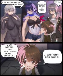  1boy 3girls absurdres age_difference bleachedleaves bodysuit breasts bronya_rand cleavage comic dialogue_box gloves highres honkai:_star_rail honkai_(series) large_breasts long_hair multiple_girls onee-shota purple_hair seele_(honkai:_star_rail) shota size_difference stelle_(honkai:_star_rail) trailblazer_(honkai:_star_rail)  rating:Questionable score:41 user:awwwtist