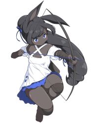  1girl animal_ears arm_wrap arrow_(projectile) barefoot black_hair blue_eyes blue_ribbon blue_sky blush bow_(weapon) breasts closed_mouth commentary_request dark-skinned_female dark_skin drawing_bow dress full_body hair_ribbon hanoyama highres holding holding_bow_(weapon) holding_weapon knee_pads long_hair looking_at_viewer medium_bangs off-shoulder_dress off_shoulder rabbit_and_steel rabbit_ears rabbit_girl ribbon short_sleeves simple_background sky small_breasts sniper_rabbit solo very_dark_skin very_long_hair weapon white_background white_dress 
