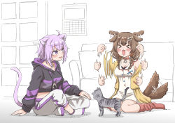 &gt;o&lt; 2girls afterimage ahoge animal_ear_fluff animal_ears black_choker black_hoodie blush blush_stickers bone_hair_ornament braid breasts brown_hair calendar_(object) cat cat_ears cat_tail choker closed_eyes collar commentary couch crossed_legs dog_ears dog_tail door dress ear_wiggle excited full_body hair_ornament happy highres hololive hood hoodie indian_style indoors inugami_korone inugami_korone_(1st_costume) jacket light_purple_hair long_sleeves medium_breasts medium_hair midriff motion_lines multiple_girls navel nekomata_okayu nekomata_okayu_(1st_costume) off_shoulder on_floor open_clothes open_jacket open_mouth pants purple_eyes purple_hoodie red_collar red_legwear short_hair side_braids simple_background sitting sleeveless sleeveless_dress smile socks sweatpants tail tail_wagging temari_(nekomata_okayu) twin_braids two-tone_hoodie virtual_youtuber wariza watanabe_masafumi_(masafumi_127) waving_arms white_background white_dress white_footwear white_legwear white_pants yellow_jacket rating:Sensitive score:19 user:danbooru