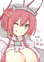  1girl :p ahoge ascot blue_eyes blush breasts bridal_veil cleavage clover dated dress elphelt_valentine four-leaf_clover guilty_gear guilty_gear_xrd hairband heart koga_rejini large_breasts looking_at_viewer pink_hair puffy_sleeves short_hair simple_background smile solo spikes tongue tongue_out veil white_background  rating:Sensitive score:14 user:danbooru