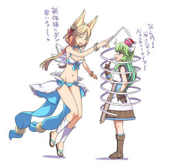  2girls alternate_color animal_ears bangle bell bikini blonde_hair blue_bikini blue_bow blue_eyes blush boots bow bracelet breasts brown_footwear brown_gloves cleavage closed_eyes commentary_request feathered_wings fox_ears full_body gloves green_hair hair_bell hair_ornament hair_ribbon hat jewelry jingle_bell kawagoe_pochi large_bow long_hair looking_at_another medium_breasts mismatched_bikini multiple_girls open_mouth poring ragnarok_online red_ribbon ribbon sandals santa_hat shirt shorts simple_background sleeveless sleeveless_shirt slime_(creature) small_breasts smile standing super_novice_(ragnarok_online) swimsuit translation_request twintails wanderer_(ragnarok_online) white_background white_bikini white_shirt white_shorts white_wings wings 