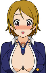 &gt;_&lt; 10s 2girls areola_slip arms_up between_breasts blush breast_smother breasts brown_hair cleavage closed_eyes face_to_breasts g-seed2010 giant giantess happy hoshizora_rin koizumi_hanayo large_breasts love_live! love_live!_school_idol_project multiple_girls no_bra open_clothes open_mouth orange_hair otonokizaka_school_uniform person_between_breasts purple_eyes school_uniform short_hair simple_background smile upper_body white_background 