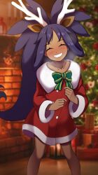  1girl :d alternate_costume blurry blurry_background blush breath christmas christmas_tree closed_eyes collarbone commentary_request creatures_(company) dark-skinned_female dark_skin eyelashes game_freak grin hair_rings highres horns indoors iris_(pokemon) kohatsuka long_hair long_sleeves looking_at_viewer nintendo open_mouth pokemon pokemon_bw purple_hair red_eyes smile solo standing teeth third-party_edit  rating:Sensitive score:31 user:A_User