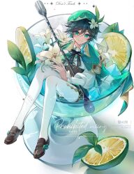 1boy androgynous aqua_eyes ascot beret black_bow black_bowtie black_footwear black_hair bow bowtie braid cape capelet collared_shirt corset cup drinking_glass flower food fork frilled_sleeves frills from_above fruit full_body genshin_impact green_cape green_capelet green_hat hair_flower hair_ornament hat highres holding holding_flower holding_fork ice ice_cube in_container in_cup knees_up leaf lime_(fruit) lime_slice long_sleeves looking_at_viewer male_focus mini_person miniboy multicolored_hair pantyhose shirt shoes simple_background sitting smile solo twin_braids two-tone_hair venti_(genshin_impact) watermark white_ascot white_background white_pantyhose white_shirt yin01582942 