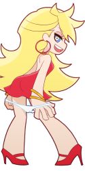  1girl backless_dress backless_outfit bent_over blonde_hair blue_eyes bracelet dress earrings from_behind high_heels hoop_earrings jewelry mike_inel official_style panties panty_&amp;_stocking_with_garterbelt panty_(psg) panty_pull profile red_dress short_dress solo transparent_background underwear white_panties  rating:Questionable score:99 user:danbooru