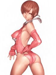  1girl ass bare_shoulders breasts brown_eyes brown_hair chaco_yutani covered_erect_nipples fingerless_gloves fumio_(rsqkr) gloves leotard looking_at_viewer looking_back no_bra short_hair simple_background smile solo square_enix tobal tobal_2 white_background 