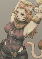  1girl animal_ears armlet armpits arms_up blonde_hair final_fantasy final_fantasy_xiv furry furry_female hanadaiteol highres hrothgar lion_ears lion_girl lion_tail long_hair simple_background slit_pupils smile stretching tail tongue tongue_out upper_body warrior_of_light_(ff14)  rating:Sensitive score:5 user:danbooru