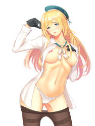  10s 1girl atago_(kancolle) blue_eyes blush breast_suppress breasts cameltoe chestnut_mouth clothes_pull collarbone contrapposto covered_erect_nipples cowboy_shot crotch_seam dress_shirt gloves gluteal_fold hat head_tilt highres kantai_collection large_breasts long_hair ltt_challenger navel no_bra open_clothes open_mouth open_shirt panties pantyhose pantyhose_pull pussy_juice revision shirt simple_background solo standing thighband_pantyhose underwear white_background 