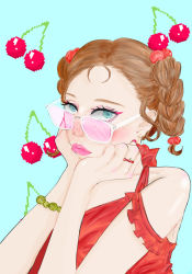  1girl artist_request blush braid cherry dolores_haze_(nabokov&#039;s_lolita) flat_chest food fruit glasses tagme 