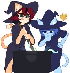  2girls :q aeiou_(yoako) animal_ears black-framed_eyewear black_hair black_hat black_robe blue_hair cat_ears cat_girl cat_tail character_request furry furry_female glasses hat holding holding_stick multicolored_hair multiple_girls original red_hair robe short_hair simple_background stick tail tentacles tongue tongue_out two-tone_hair white_background witch witch_hat yoako 