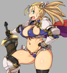 1girl armor belly bikini_armor black_thighhighs blonde_hair breasts cleavage covered_erect_nipples curvy eyebrows fang fat_rolls gloves green_eyes grey_background hand_on_own_hip kawacchi_hirohiro large_breasts long_hair looking_at_viewer navel open_mouth original plump profile sheath sheathed sideboob simple_background smile solo standing sword thick_eyebrows thick_thighs thighhighs thighs weapon wide_hips rating:Questionable score:58 user:railbreaker