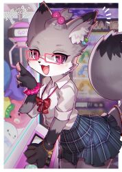  1boshi 1boy animal_ear_fluff animal_ears arcade artist_name border bow bowtie bracelet collared_shirt commission commissioner_name crane_game fang fox_boy fox_ears fox_tail furry furry_male glasses grey_fur hair_bobbles hair_ornament highres jewelry leaning_forward male_focus multicolored_fur open_mouth original outside_border pawpads pink-framed_eyewear purple_eyes red_bow red_bowtie s_(rukaruko) second-party_source shirt shirt_tucked_in skirt solo tail topknot trap white_border white_shirt  rating:Sensitive score:17 user:danbooru