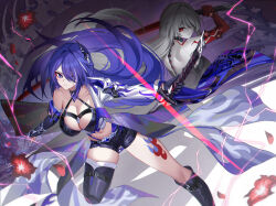  1girl acheron_(honkai:_star_rail) asymmetrical_footwear asymmetrical_gloves blue_eyes blue_footwear blue_gloves blue_hair boots breasts cleavage closed_mouth commentary elbow_gloves english_commentary eternity_(shadeh) flower gloves highres holding holding_sword holding_weapon honkai:_star_rail honkai_(series) knee_boots large_breasts lightning long_hair looking_at_viewer mismatched_footwear mismatched_gloves multiple_views parted_lips red_eyes red_gloves single_bare_shoulder sword thigh_boots thighs weapon white_hair 