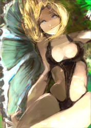  1990s_(style) 1girl anasta anastasia0919 blonde_hair blue_eyes breasts cleavage female_focus final_fantasy final_fantasy_iv long_hair one-piece_swimsuit rosa_farrell sitting solo swimsuit 