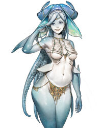  1girl aqua_skin blue_eyes breasts colored_skin commentary contrapposto cowboy_shot earrings english_commentary extra_eyes extra_mouth fins gills jewelry loincloth medium_breasts monster_girl navel no_nipples original photoshop_(medium) pointy_ears revealing_clothes sharp_teeth smile solo tahra teeth tentacle_hair 